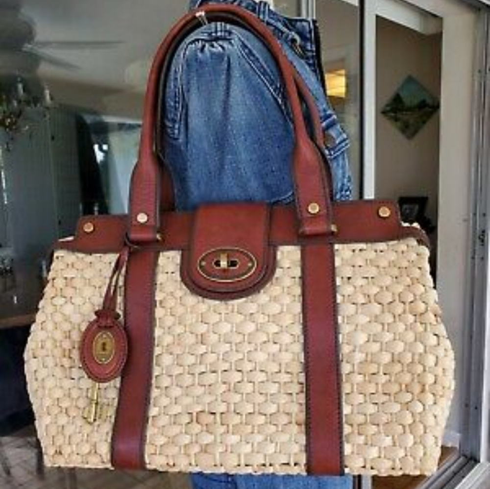 Fossil Vintage Reissue Natural Straw Brown Leather Trim Satchel Tote